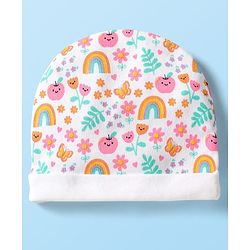 Babyhug 100% Cotton Interlock Knit Cap Mittens Booties With Floral Print White - Diameter 9 cm