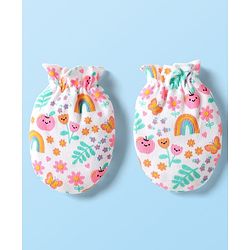 Babyhug 100% Cotton Interlock Knit Cap Mittens Booties With Floral Print White - Diameter 9 cm