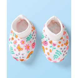 Babyhug 100% Cotton Interlock Knit Cap Mittens Booties With Floral Print White - Diameter 9 cm