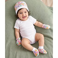 Babyhug 100% Cotton Interlock Knit Cap Mittens Booties With Floral Print White - Diameter 9 cm