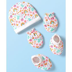 Babyhug 100% Cotton Interlock Knit Cap Mittens Booties With Floral Print White - Diameter 9 cm
