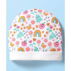 Babyhug 100% Cotton Interlock Knit Cap Mittens Booties With Floral Print White - Diameter 9 cm
