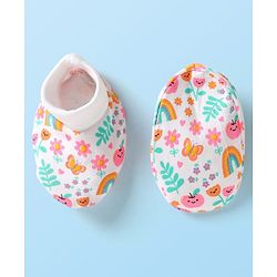 Babyhug 100% Cotton Interlock Knit Cap Mittens Booties With Floral Print White - Diameter 9 cm