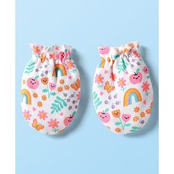 Babyhug 100% Cotton Interlock Knit Cap Mittens Booties With Floral Print White - Diameter 9 cm