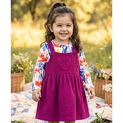 Babyhug Cotton Knit Full Sleeves Frock & Inner T-Shirt With Floral Print - Wine & White