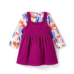 Babyhug Cotton Knit Full Sleeves Frock & Inner T-Shirt With Floral Print - Wine & White