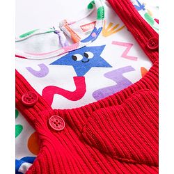 Babyhug Cotton Knit Full Sleeves Inner Tee & Frock With Floral & Star Print - Red & White