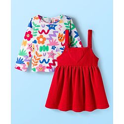 Babyhug Cotton Knit Full Sleeves Inner Tee & Frock With Floral & Star Print - Red & White
