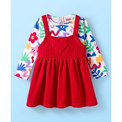 Babyhug Cotton Knit Full Sleeves Inner Tee & Frock With Floral & Star Print - Red & White