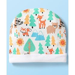 Babyhug 100% Cotton Interlock Knit Cap Mittens & Booties Set With Animal Print White - Diameter 9 cm