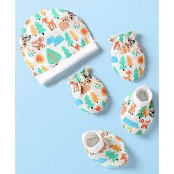 Babyhug 100% Cotton Interlock Knit Cap Mittens & Booties Set With Animal Print White - Diameter 9 cm