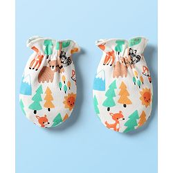 Babyhug 100% Cotton Interlock Knit Cap Mittens & Booties Set With Animal Print White - Diameter 9 cm