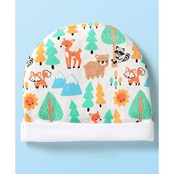 Babyhug 100% Cotton Interlock Knit Cap Mittens & Booties Set With Animal Print White - Diameter 9 cm