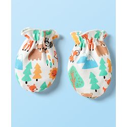 Babyhug 100% Cotton Interlock Knit Cap Mittens & Booties Set With Animal Print White - Diameter 9 cm