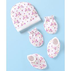 Babyhug 100% Cotton Cap Mittens & Booties Set With Floral Print White & Pink - Diameter 9 cm