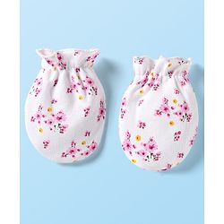 Babyhug 100% Cotton Cap Mittens & Booties Set With Floral Print White & Pink - Diameter 9 cm