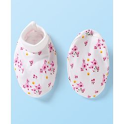 Babyhug 100% Cotton Cap Mittens & Booties Set With Floral Print White & Pink - Diameter 9 cm