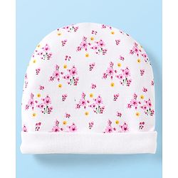 Babyhug 100% Cotton Cap Mittens & Booties Set With Floral Print White & Pink - Diameter 9 cm