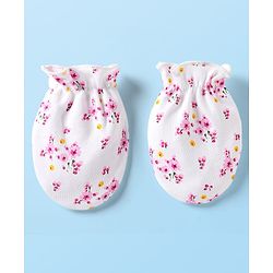 Babyhug 100% Cotton Cap Mittens & Booties Set With Floral Print White & Pink - Diameter 9 cm
