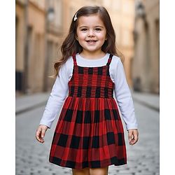 Babyhug Cotton Woven Checkered Frock with Full Sleeves Inner Tee - Red & White
