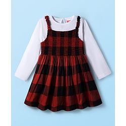 Babyhug Cotton Woven Checkered Frock with Full Sleeves Inner Tee - Red & White