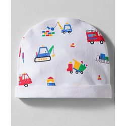 Babyhug 100% Cotton Interlock Knit Cap Mittens & Booties Set With Vehicle Print White - Diameter 9 cm