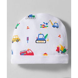 Babyhug 100% Cotton Interlock Knit Cap Mittens & Booties Set With Vehicle Print White - Diameter 9 cm