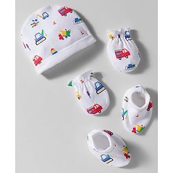 Babyhug 100% Cotton Interlock Knit Cap Mittens & Booties Set With Vehicle Print White - Diameter 9 cm