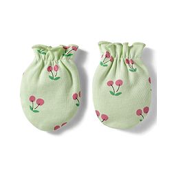 Babyhug 100% Cotton Interlock Knit Cap Mittens & Booties Set With Cherry Print Green - Diameter 16 cm