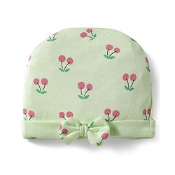 Babyhug 100% Cotton Interlock Knit Cap Mittens & Booties Set With Cherry Print Green - Diameter 16 cm