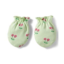 Babyhug 100% Cotton Interlock Knit Cap Mittens & Booties Set With Cherry Print Green - Diameter 16 cm