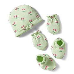 Babyhug 100% Cotton Interlock Knit Cap Mittens & Booties Set With Cherry Print Green - Diameter 16 cm