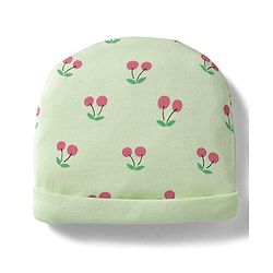 Babyhug 100% Cotton Interlock Knit Cap Mittens & Booties Set With Cherry Print Green - Diameter 16 cm