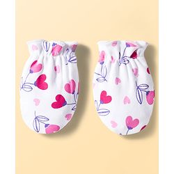 Babyhug 100% Cotton Interlock Knit Cap Mittens & Booties Set With Heart Print White - Diameter 9 cm