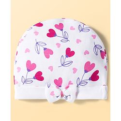Babyhug 100% Cotton Interlock Knit Cap Mittens & Booties Set With Heart Print White - Diameter 9 cm