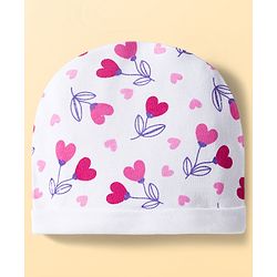Babyhug 100% Cotton Interlock Knit Cap Mittens & Booties Set With Heart Print White - Diameter 9 cm