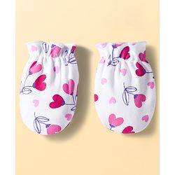 Babyhug 100% Cotton Interlock Knit Cap Mittens & Booties Set With Heart Print White - Diameter 9 cm