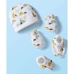 Babyhug 100% Cotton Cap Mittens & Booties Set With Dino Print White - Diameter 9 cm