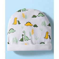 Babyhug 100% Cotton Cap Mittens & Booties Set With Dino Print White - Diameter 9 cm