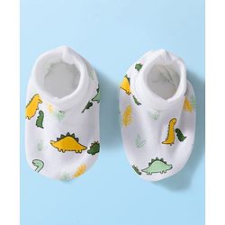 Babyhug 100% Cotton Cap Mittens & Booties Set With Dino Print White - Diameter 9 cm