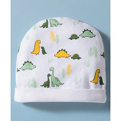 Babyhug 100% Cotton Cap Mittens & Booties Set With Dino Print White - Diameter 9 cm