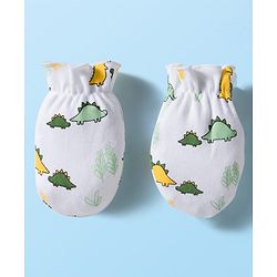 Babyhug 100% Cotton Cap Mittens & Booties Set With Dino Print White - Diameter 9 cm