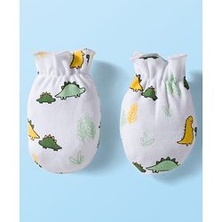 Babyhug 100% Cotton Cap Mittens & Booties Set With Dino Print White - Diameter 9 cm