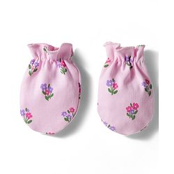 Babyhug 100% Cotton Interlock Knit Cap Mittens & Booties Set With Floral Print Pink - Diameter 9.5 cm