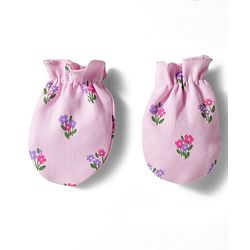 Babyhug 100% Cotton Interlock Knit Cap Mittens & Booties Set With Floral Print Pink - Diameter 9.5 cm