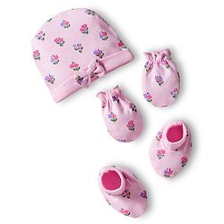 Babyhug 100% Cotton Interlock Knit Cap Mittens & Booties Set With Floral Print Pink - Diameter 9.5 cm