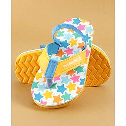 Cute Walk by Babyhug Flip Flops with Back Strap Closure & Star Print - White Blue & Yellow