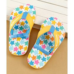 Cute Walk by Babyhug Flip Flops with Back Strap Closure & Star Print - White Blue & Yellow