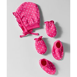 Babyhug 100% Cotton Cap Mittens & Booties Set With Polka Dot Print Pink - Diameter 9.5 cm