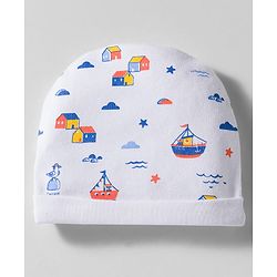Babyhug 100% Cotton Knit Cap Mittens & Booties With Boat Print White - Diameter 9 cm